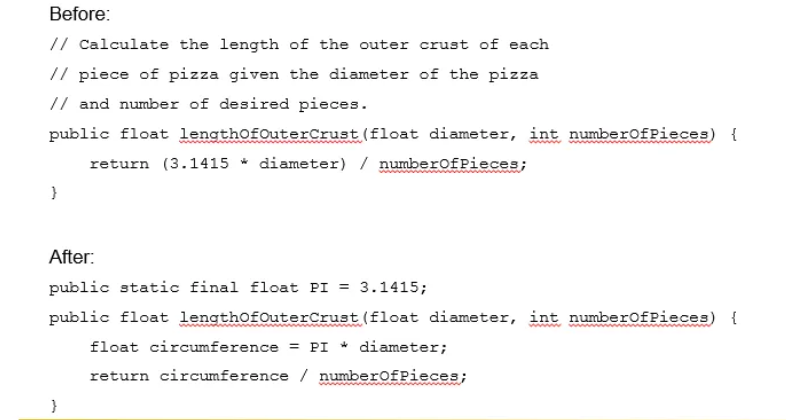 <p>Instead of using exact constants in code, put them into constant where they can be easily reused and modified when needed</p>