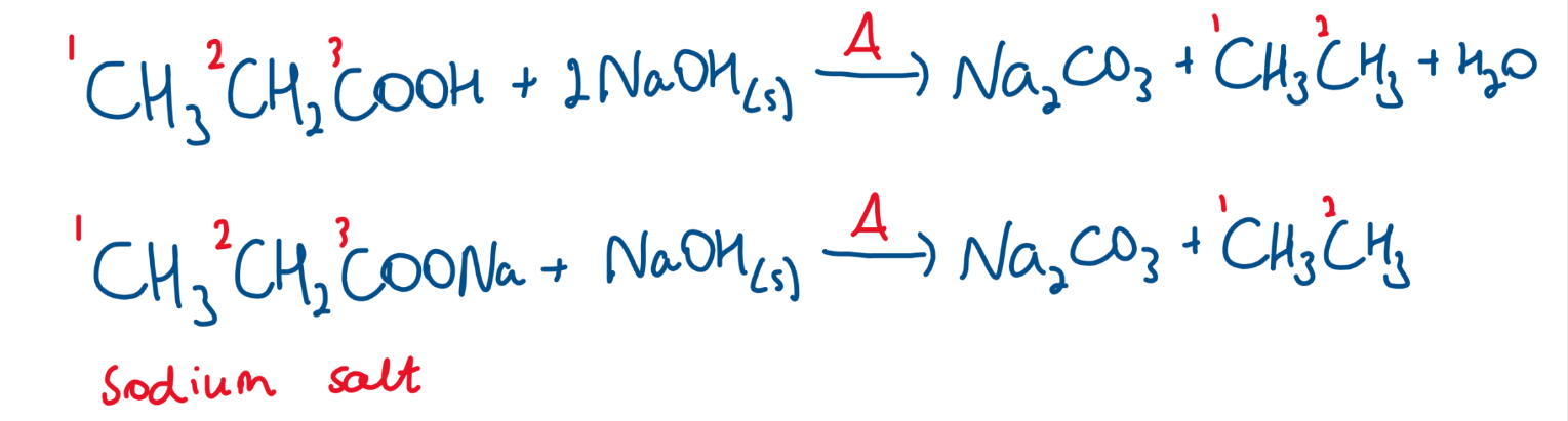 <ul><li><p>removing the COOH group and adding an H</p></li><li><p>Soda-lime or NaOh and HEAT</p></li><li><p></p></li></ul><p></p>