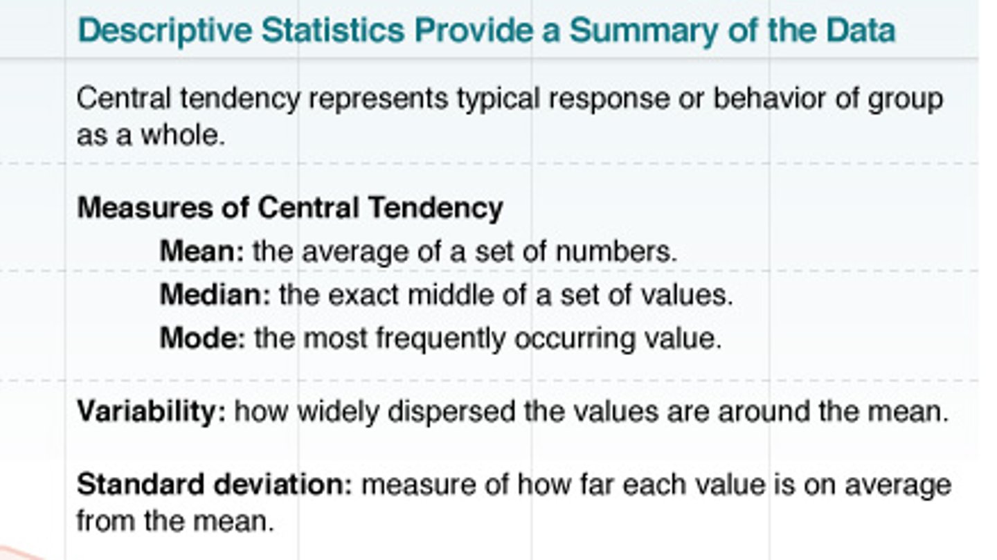 <p>Statistical procedures used to summarize sets of scores with respect to central tendencies, variability, and correlation. They are merely observational and inferences cannot be made.</p>