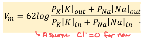 <p>Vm = 62log(permeability out of ions)/(permeability of ions in)</p>