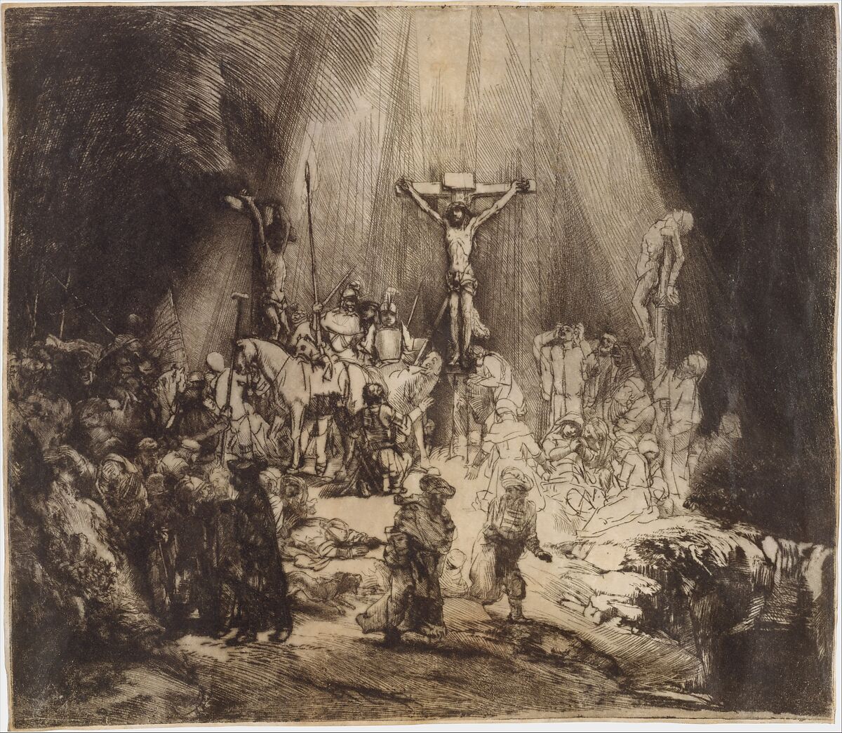 <p>17th century Dutch known for intaglio work(etching/drypoint), dramatic use of light/shadow (chiaroscuro), deep psychological portraits, prolific output (paintings, etchings, drawings), and realistic portrayal of human emotion, important works include The Hundred Guilder Print (Christ Healing the Sick) and The Three Crosses</p>