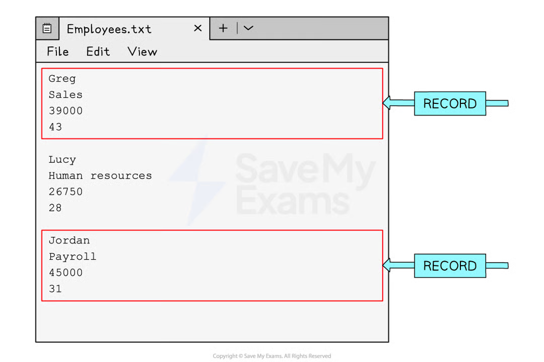 <p>useful when working with small amounts of data. stored on secondary storage &amp; read into a program when being used</p><p>used to store info when the application is closed</p><p>each entry is stored on a separate line / separated with an identifier like a comma</p><p>can be hard to know where a record begins &amp; ends</p>