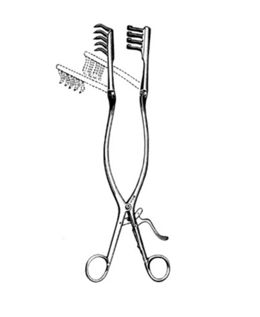 <p>- retracts soft tissue</p><p>- has hinged arms</p><p>- self-retaining</p><p>- spine procedures</p>