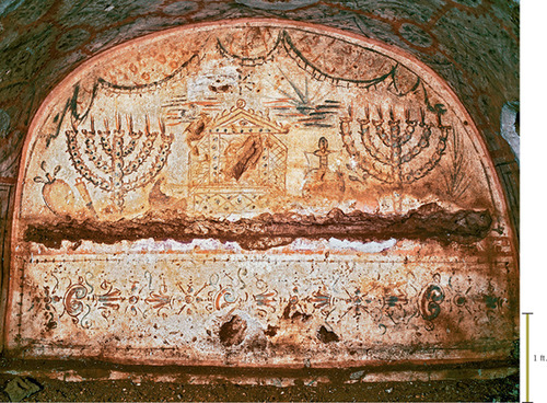 <p>homogenous idealogical world made from jewish compositions- 2 menorahs (OG was a funerary symbol, says &quot;JEWS ARE HERE!), the lost Ark, and Lulavs (date palm) and Etrog (citrus)- plants mentioned in the torah. conical form- rams horn SHOFAR. all of these are identifies of it being JEWISH.</p>