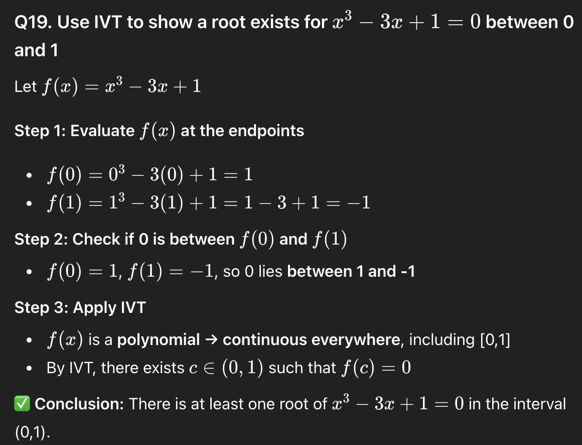 <p>there is at least one root in the interval (0,1).</p>