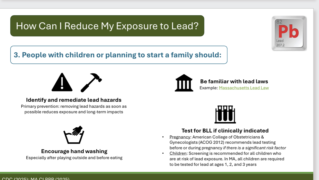 <p>Identify the major tenets of the Mass Lead Law, including the ages that children are required to have their blood lead levels tested </p>