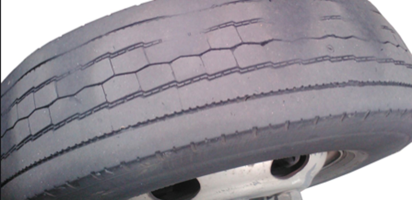 <p>Cupped Wear: Caused by excessive wheel jounce from worn suspension and creates bald spots on the tread</p>