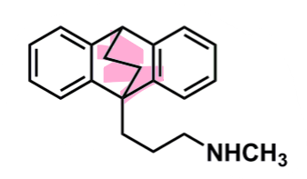<ul><li><p><strong>tetracyclic</strong>&nbsp;anthracene derivative&nbsp;</p><ul><li><p>central ring structure is a bicyclic ring&nbsp;</p></li></ul></li><li><p>secondary amine → selective to NET&nbsp;</p><ul><li><p>convert to primary and weak/little activity&nbsp;</p></li></ul></li></ul><p></p>