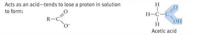 <ul><li><p>Acts as an acid</p></li><li><p>Tends to lose a proton in solution to form:</p></li></ul>