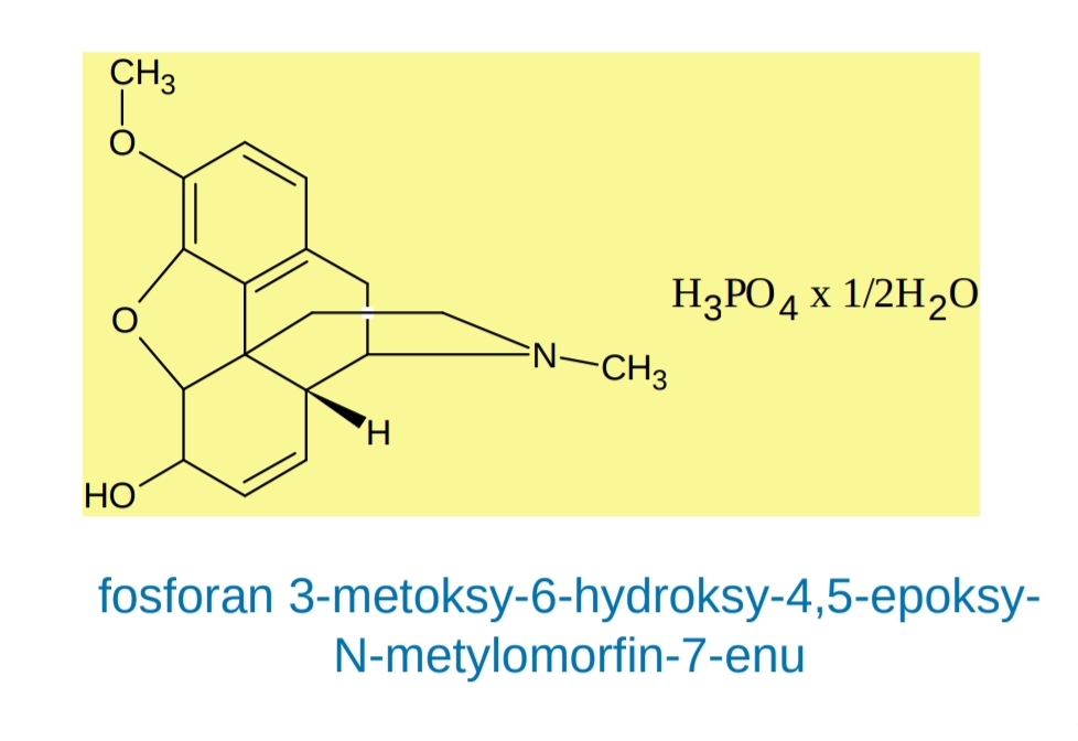 <p>opioid, naturalna pochodna epoksymorfinanu, półsyntetyczna pochodna morfiny</p><p class="has-focus">Pełny, słaby agonista receptorów opioidowych μ</p><p class="has-focus is-empty">w organizmie częściowo przekształca się do morfiny</p><p class="has-focus is-empty">Skutek:</p><p class="has-focus is-empty">hamowanie przewodzenia bodźców bólowych w OUN, hamowanie ośrodka kaszlu w rdzeniu przedłużonym</p>