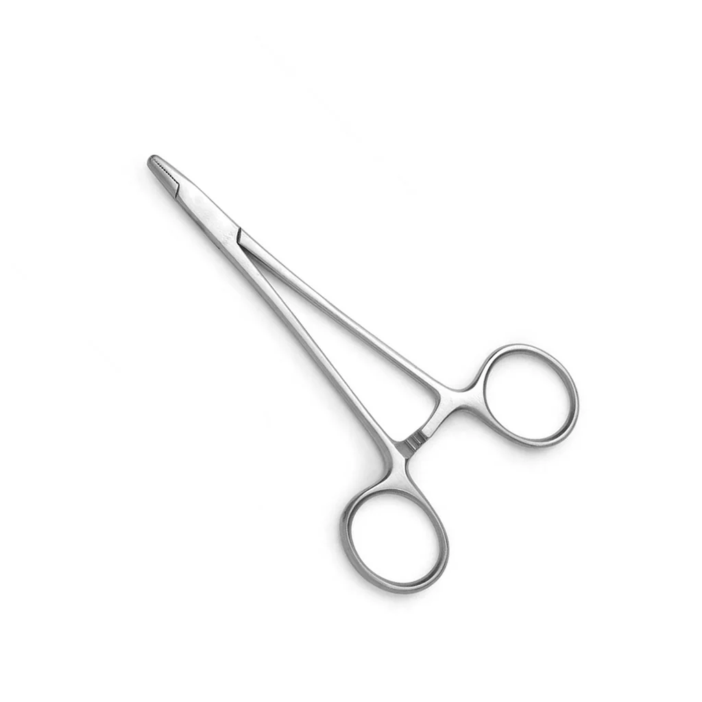 <ul><li><p>used to grasp and hold curved surgical needles;</p></li><li><p>resembles hemostatic forceps but the basic difference is the jaws;</p></li><li><p>has a short, sturdy jaws for grasping a needle without damaging it or the suture material.</p></li><li><p>the size of the needle holder should match the size of the needle;</p></li><li><p>either long or short, with serrations on jaws, some are non;</p></li></ul><p></p>