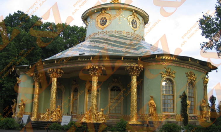 <p>A tea house, with sculptures including Confucious</p>