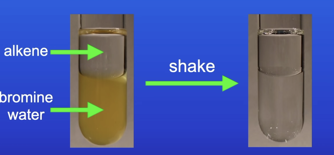 <ol><li><p>Use bromine water (orange)</p></li><li><p>Shake alkene with bromine water</p></li><li><p>Turns colourless</p></li></ol>