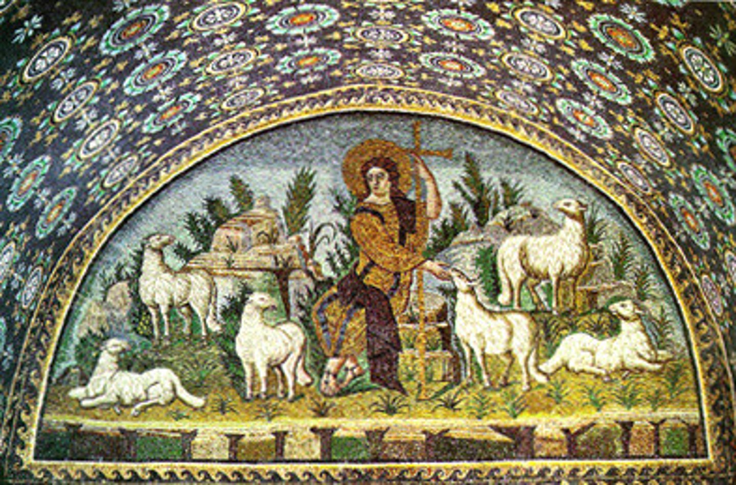 <p>Mosaic. Jesus as the "Good Shepherd" was a recurring theme in the catacomb. Shepherds were a sacred symbol to the Christians. Jesus holds lost sheep on his shoulders. "Good Shepherd" was a Pagan term adopted by Christians. Adoption of Pagan symbols represents syncretism.</p>