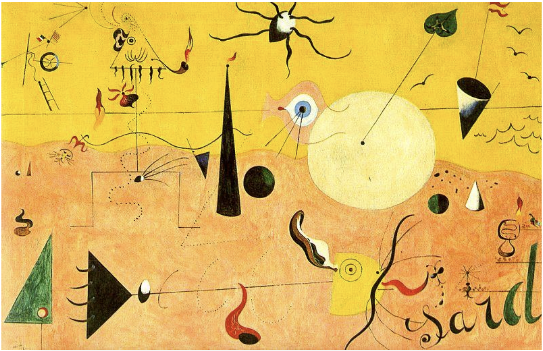 <ul><li><p><span><strong>Key Features</strong>:<br><br></span></p><ul><li><p><span>A surreal landscape with abstract, organic shapes and symbols representing the Catalan countryside.<br><br></span></p></li><li><p><span>The painting evokes the primal energy of nature through simple, bold colors and forms.<br><br></span></p></li><li><p><span>Miró’s use of minimalistic yet dynamic shapes conveys a sense of motion and life.<br><br></span></p></li></ul></li><li><p><span><strong>Memorable Fact</strong>: The use of symbolic shapes represents Miró’s unique vision of nature and the unconscious mind.</span></p></li></ul><p></p>