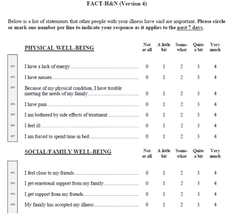 <p>The Functional Assessment of Cancer Therapy-Head and Neck</p><ul><li><p>Widely used in cancer trials</p></li><li><p>Assesses 12 items specific to HNC</p></li></ul><p></p>