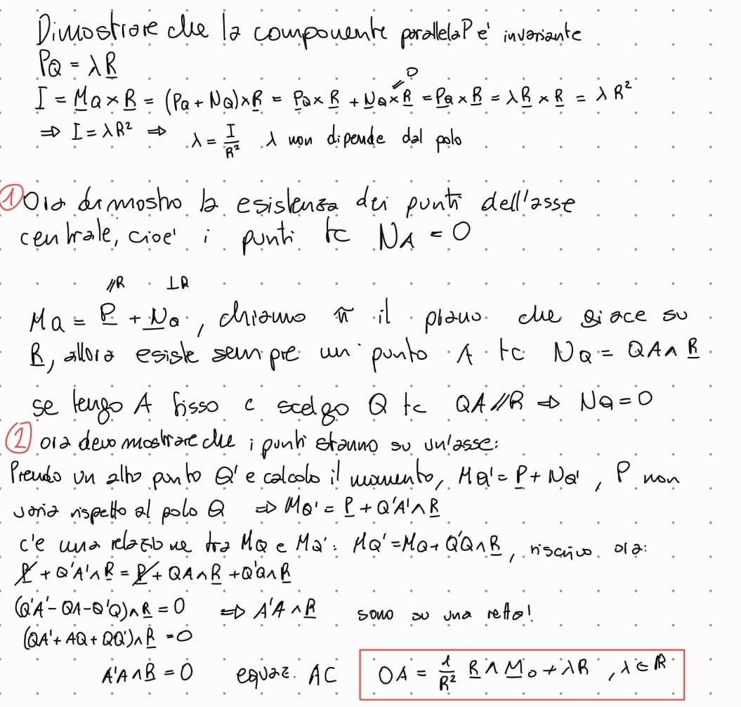 <p>la asse centrale è un insieme di punti disposti lungo una retta <br><strong>Parallela a R </strong><br>se si prende come polo di riduzione il momento ha modulo minimo perche la componente M<sub>N</sub> normale a R si annulla</p>