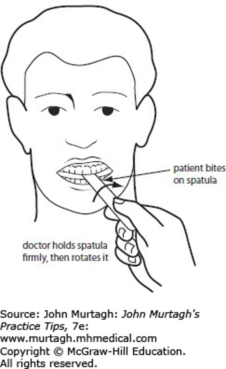 <p>- Diagnosis is based on presentation of tetanus symptoms</p><p>- Positive spatula test = touch posterior pharyngeal wall with soft-tipped instrument. If positive, patient will involuntarily bite down on the spatula (involuntary contraction of jaw muscles).</p>