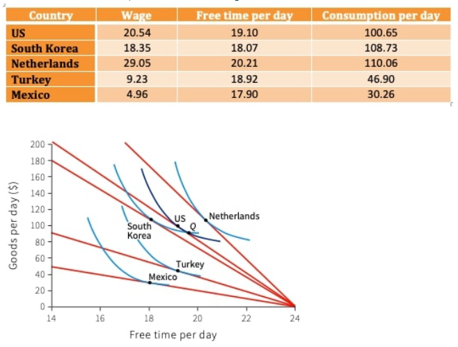 <p><span>The following table shows the hours of free time and consumption per day across five different countries in 2013. The diagram below shows this data, along with hypothetical indifference curves. Based on this information, which of the following statements is correct?</span></p><ul><li><p>The indifference curves can be estimated from the data in the table.</p></li><li><p>The evidence from the Netherlands shows that tripling the wage rate in Turkey would cause daily consumption to more than double.</p></li><li><p>The data suggests that the positive income effect of a rise in the wage rate on the hours of free time always dominates its negative substitution effect.</p></li><li><p>There is evidence that the US workers value free time more relative to consumption compared to South Korean workers.</p></li></ul><p></p>