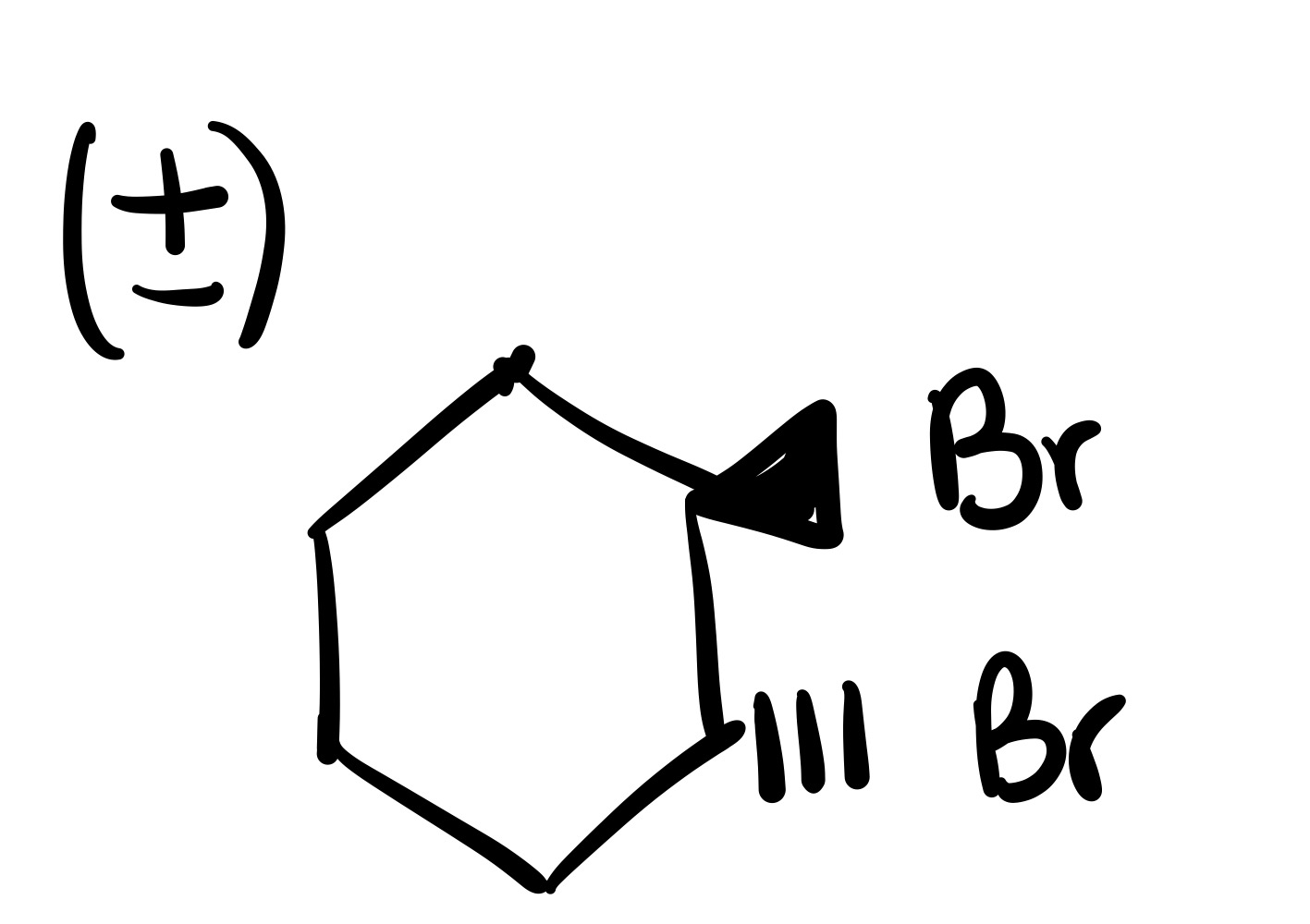<p>The double bond is broken, and the 2 Br’s are added (one is dash, and one is wedge). Add plus/minus sign</p>