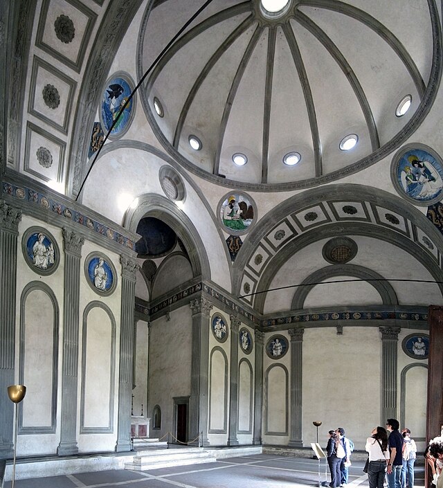 <p>Pazzi Chapel and Basalisca di Sante Croce (Filippo Brunelleschi)</p><p>1439 CE</p><p>Italian Rennaissance</p><p>Masonry</p><p>Florence, Italy</p><p>Context: Has humanist influence (greek and rome revival),</p><p>Content: Gray outlines emphasize shapes on walls, stained glass windows, frescoes, pointed arches, wooden ceiling, DOME AND OCULUS at top, radiating lines towards oculus, 12 windows at bottom of dome, heavenly, many rounded arches, very classical greek inspo</p><p>Function: Place of worship, place for (monks) to gather and pray and meditate</p>