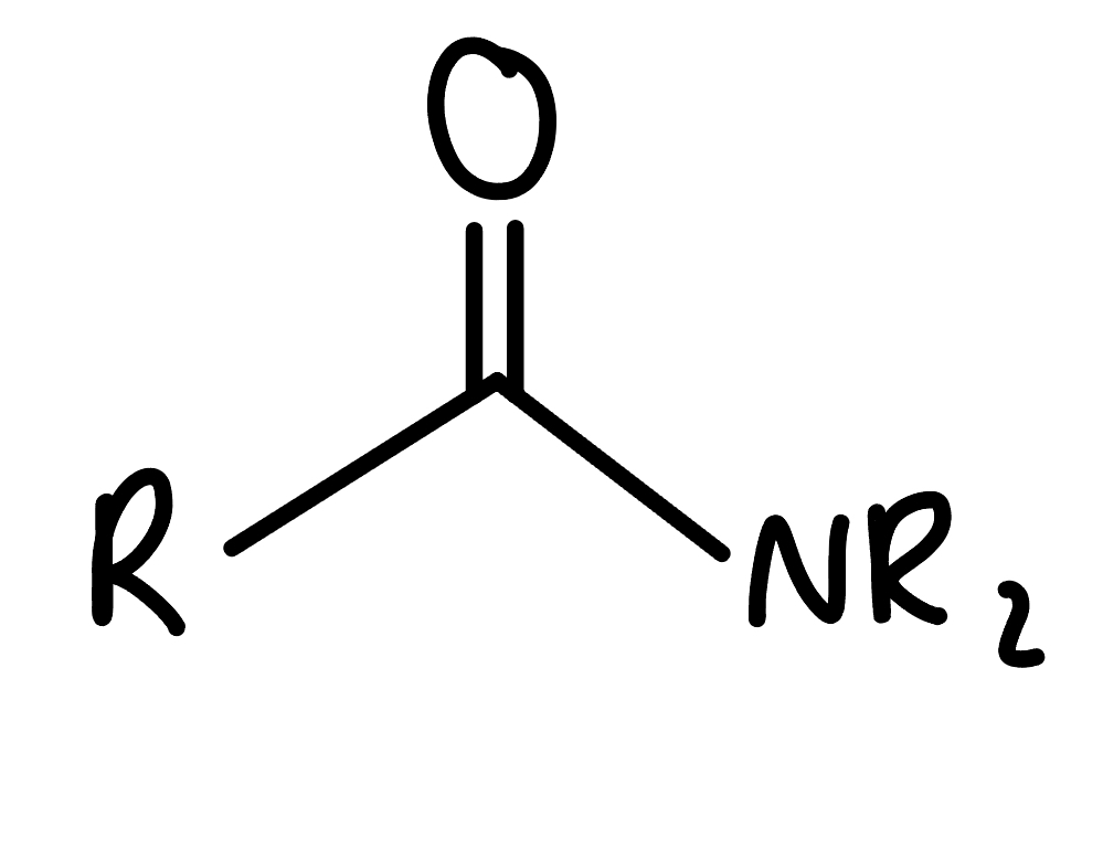 <p>a carbonyl (C double to O) with one r group and one NR2 attached to the carbonyl's C, NR2 NOT amine</p>