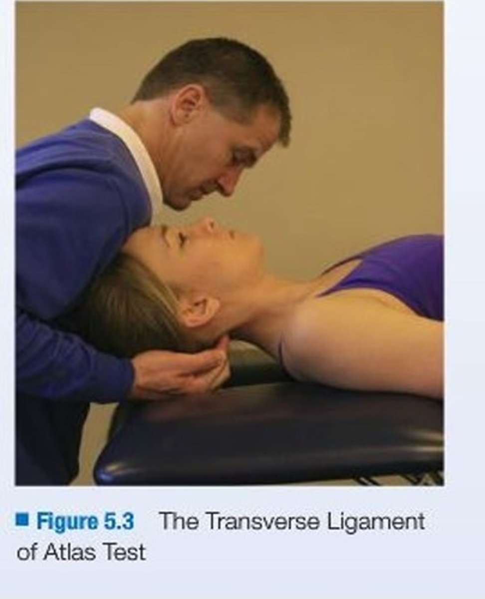 <p>Purpose: to test integrity of the transverse ligament</p><p>Testing Procedure:</p><p>1. patient supine</p><p>2. support occiput with index finger in space between occiput + C2</p><p>3. lift head + C1 carefully anterior together without FB or BB</p><p>4. hold for 10-20 seconds</p><p>Positive Sign:</p><p>1. soft end feel</p><p>2. muscle spasm</p><p>3. nystagmus</p><p>4. lump sensation in throat</p>