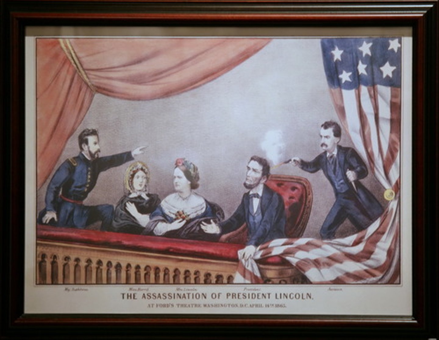 <p>Lincoln killed by John Wilkes Booth; stunned the nation post-war.</p>