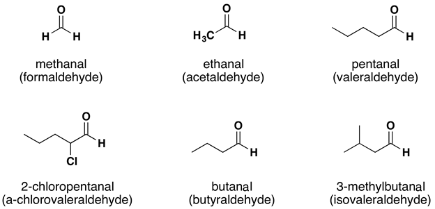 <p>aldehydes </p><ul><li><p>aldehydes take their name from their parent alkane chains </p></li><li><p>- the -e is removed from the end and is replaced with -al </p></li></ul><p></p>