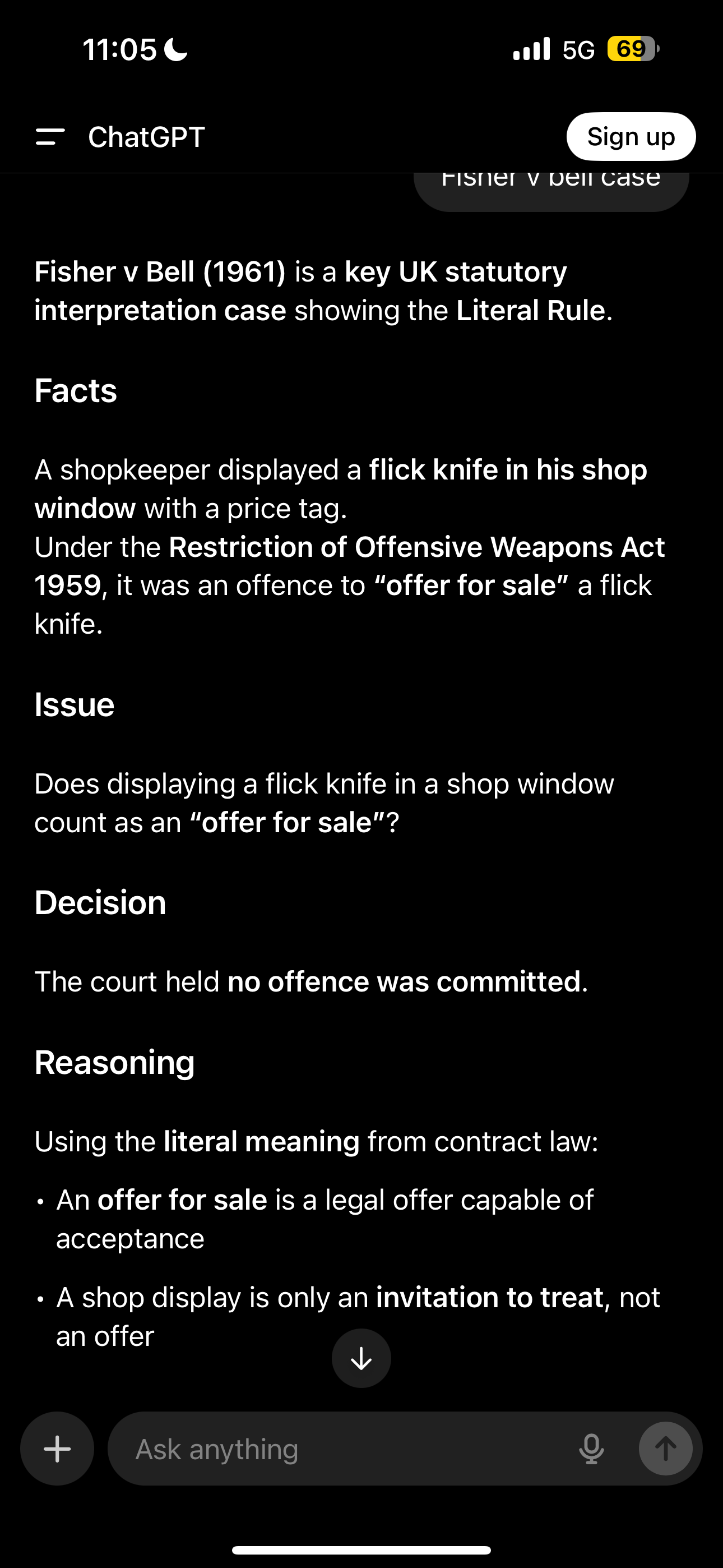 <p>Fisher v bell case (1961)where a shopkeeper mr bell displayed a flick knife with a price tag and police officer fisher prosecuted bell under the restriction of the offensive weapons act 1959 it was an offence to offer for sale a flick knife</p>