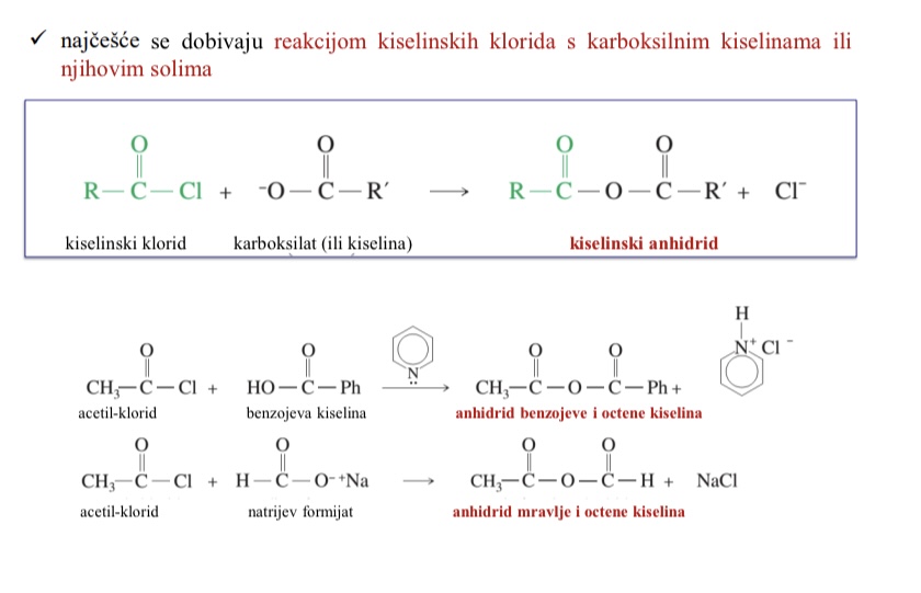 <p>Reakcijom kiselinskih klorida s karboksilnim kiselinama ili njihovim solima</p>