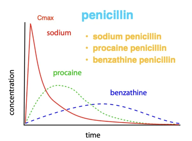 <p><strong>IV</strong> = Water-soluble ONLY → Rapid onset</p><p><strong>IM/SC</strong> = Suspensions of insoluble salts/oils → Slow release</p><p></p><p><u>Example:</u> Penicillin</p><ol><li><p><strong>Sodium penicillin IV</strong> = Water-soluble → Rapid absorption (highest Cmax) and rapid elimination</p></li><li><p><strong>Procaine penicillin IM</strong> = Insoluble salt solution → Slower absorption (lower Cmax) and remains in body for longer</p></li><li><p><strong>Benzathine penicillin IM</strong> = Insoluble → Extremely slow absorption and long duration of action (lowest Cmax → increase dose)</p></li></ol><p></p>