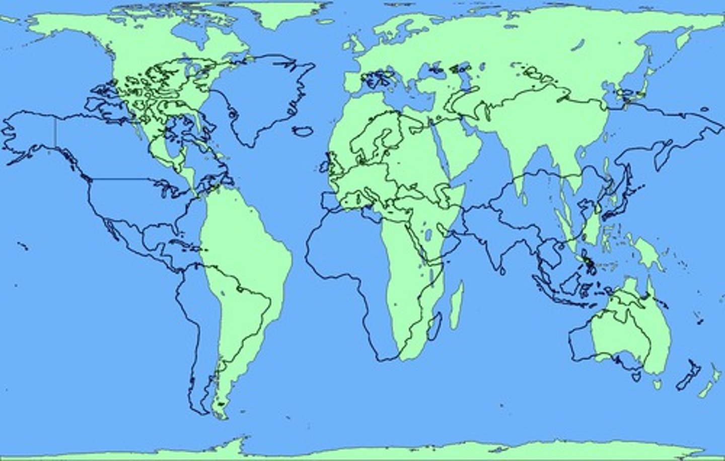 <p>Accurately shows shape and direction, but distorts distance and size of land masses, Greenland as large as Africa this is not accurate. Mercator projections outlines in black.</p>
