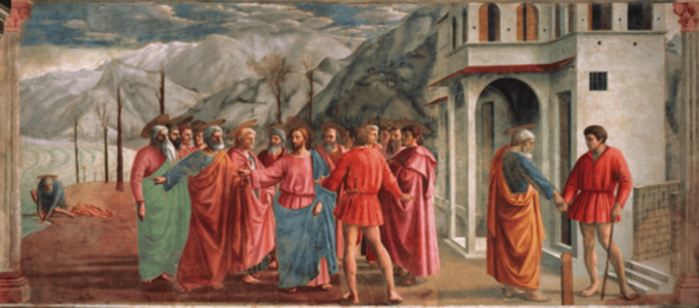<p>∙ Brancacci Chapel, in Santa Maria del Carmine Florence, Italy</p><p>∙ Frescos sponsored by Felice Brancacci</p><p>∙ Tribute to ceremony in Mat. 17:24-27 "Temple Tax"</p><p>∙ Part of longer series on this NT narrative</p><p>∙ Commission for private family chapel, sponsored by Felice Brancassi in Santa Maria del Carmine in Florence</p><p>∙ Artistic Significance:</p><p>- Classical human form, sense heaviness &amp; weight of figures</p><p>- breaks International style</p><p>- Recall simple, solemn graduer of Gitto</p><p>- illusionistic effects= specifically thru 3-D forms &amp; deep sculptural relief</p><p>- rich detail</p><p>- vivid color</p><p>- chiaroscuro</p><p>- smoky sumato</p><p>- symmetrical compostion</p><p>- very elaborate costumes</p><p>- secular and religious overtones</p><p>- spacious, naturalistic landscape &amp; architecture</p><p>- atmospheric &amp; linear perspective</p><p>- St. Peter= figure in green &amp; orange</p>