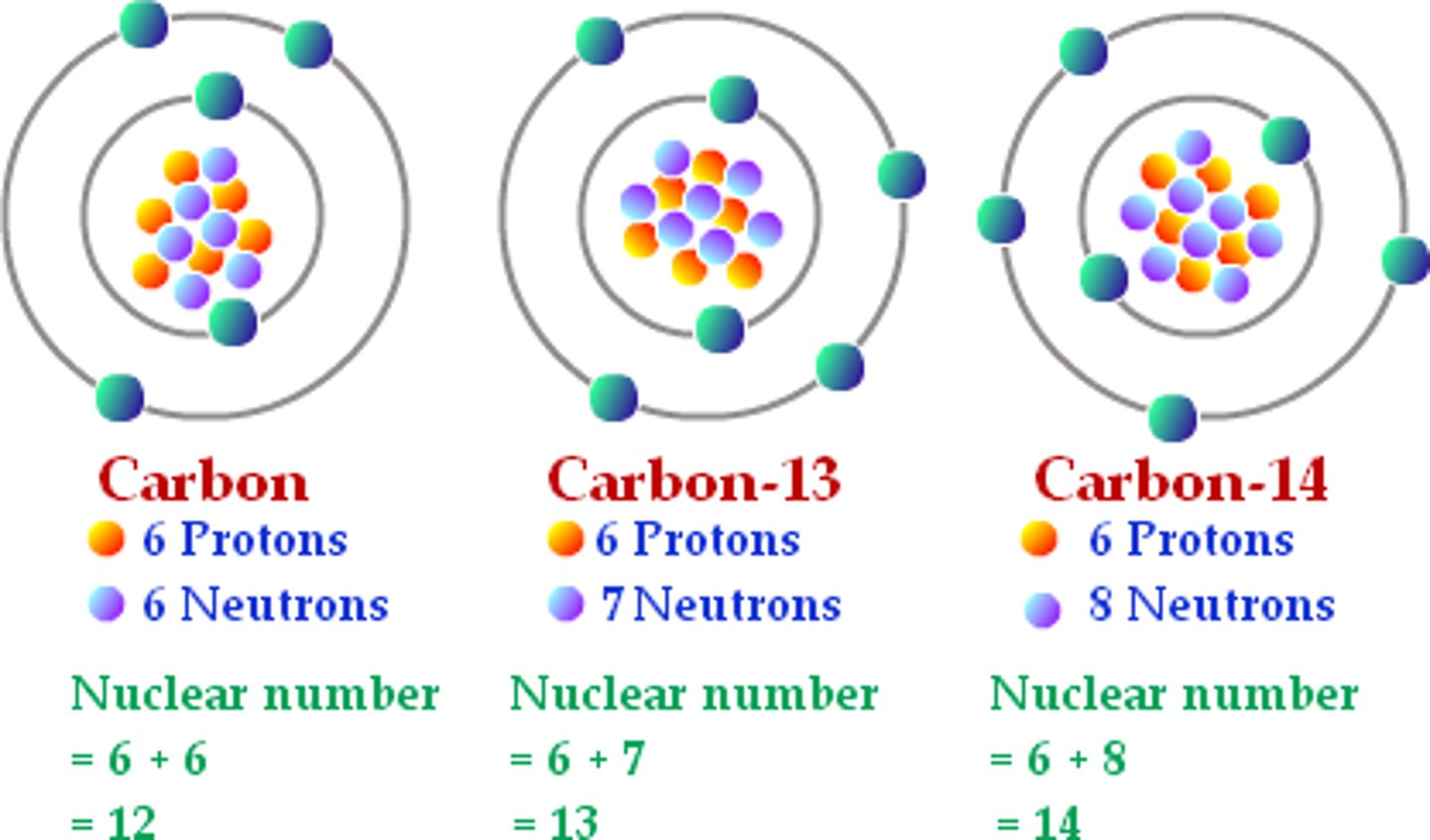 <p>isotopes of an element are atoms with the same number of protons but different numbers of neutrons</p><p>(same atomic number, different mass number)</p>