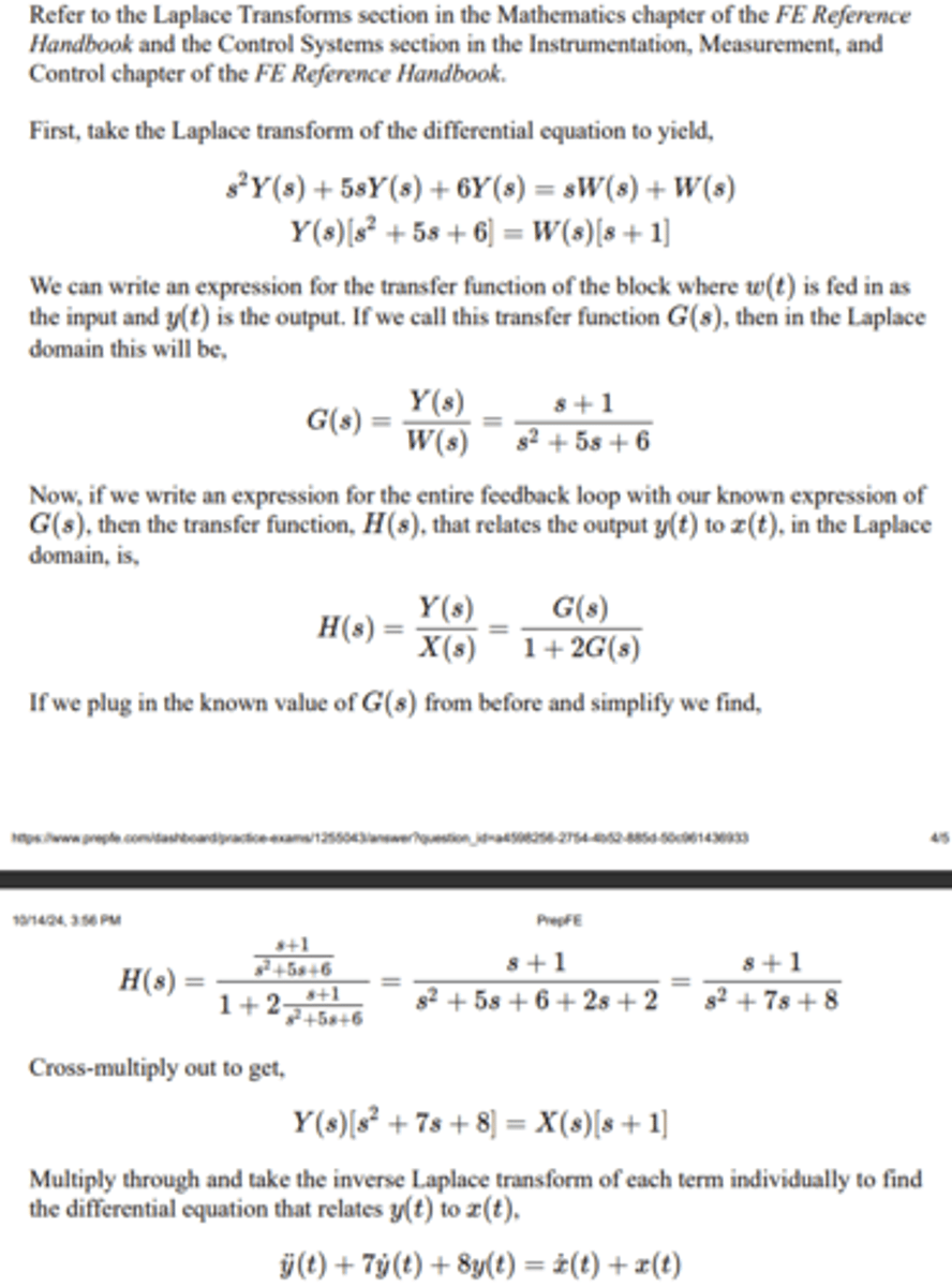 <p>1. Convert dots to s terms</p><p>2. Factor both sides of the equation and rearrange to get the transfer function (output/input)</p><p>3. Write the CLTF. H(s) = G(s)/(1+H(s)G(s)).</p><p>4. Plug in the known value for G(s), solve and simplify to get the final CLTF.</p>