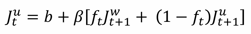 <p>The value of being unemployed is the benefits of leisure and the probability of finding a job and becoming employed in the next period, or not finding a job and remaining unemployed in the next period</p>