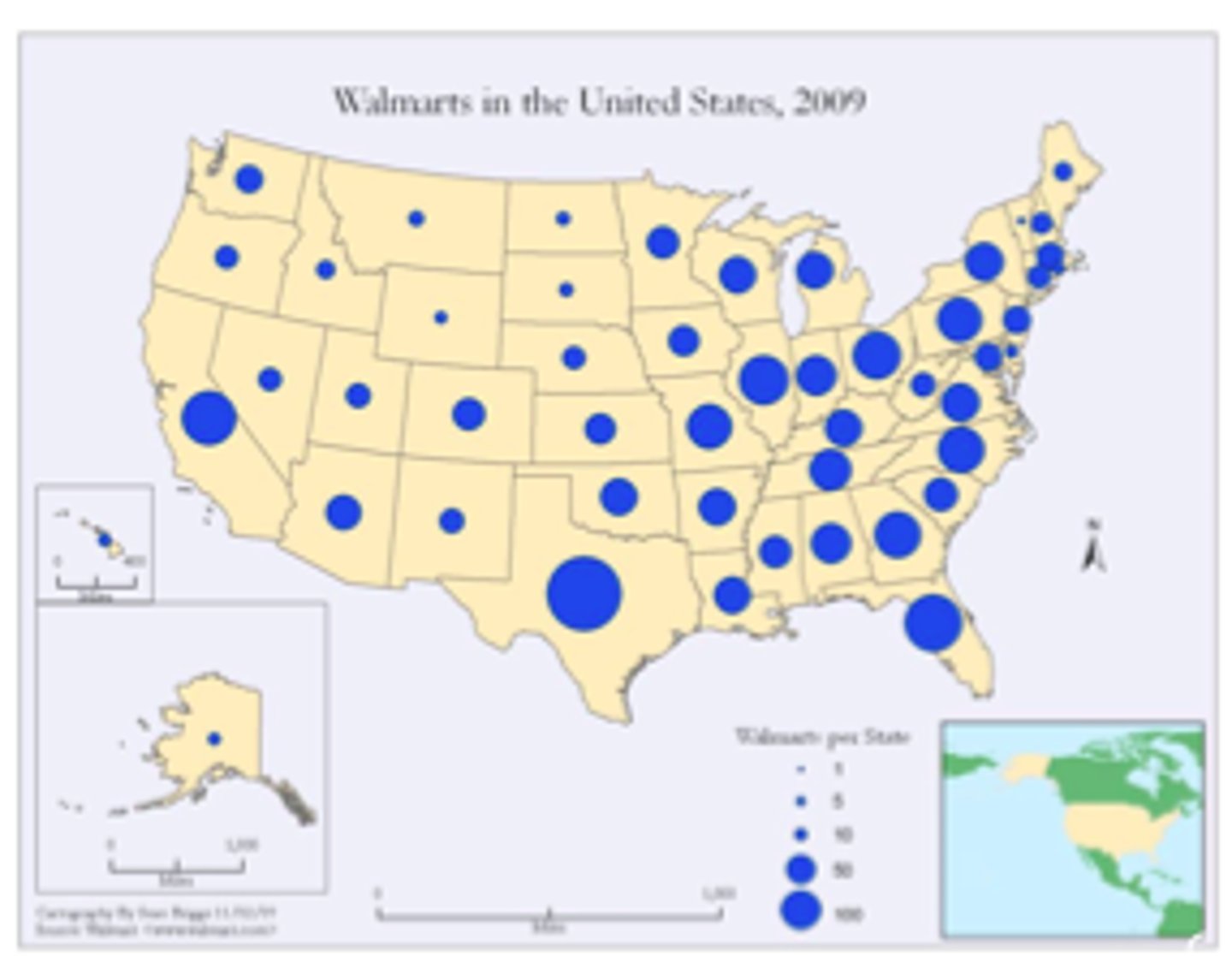 <p>Map displaying a graphic multiple times that changes in size according to the value of data</p>