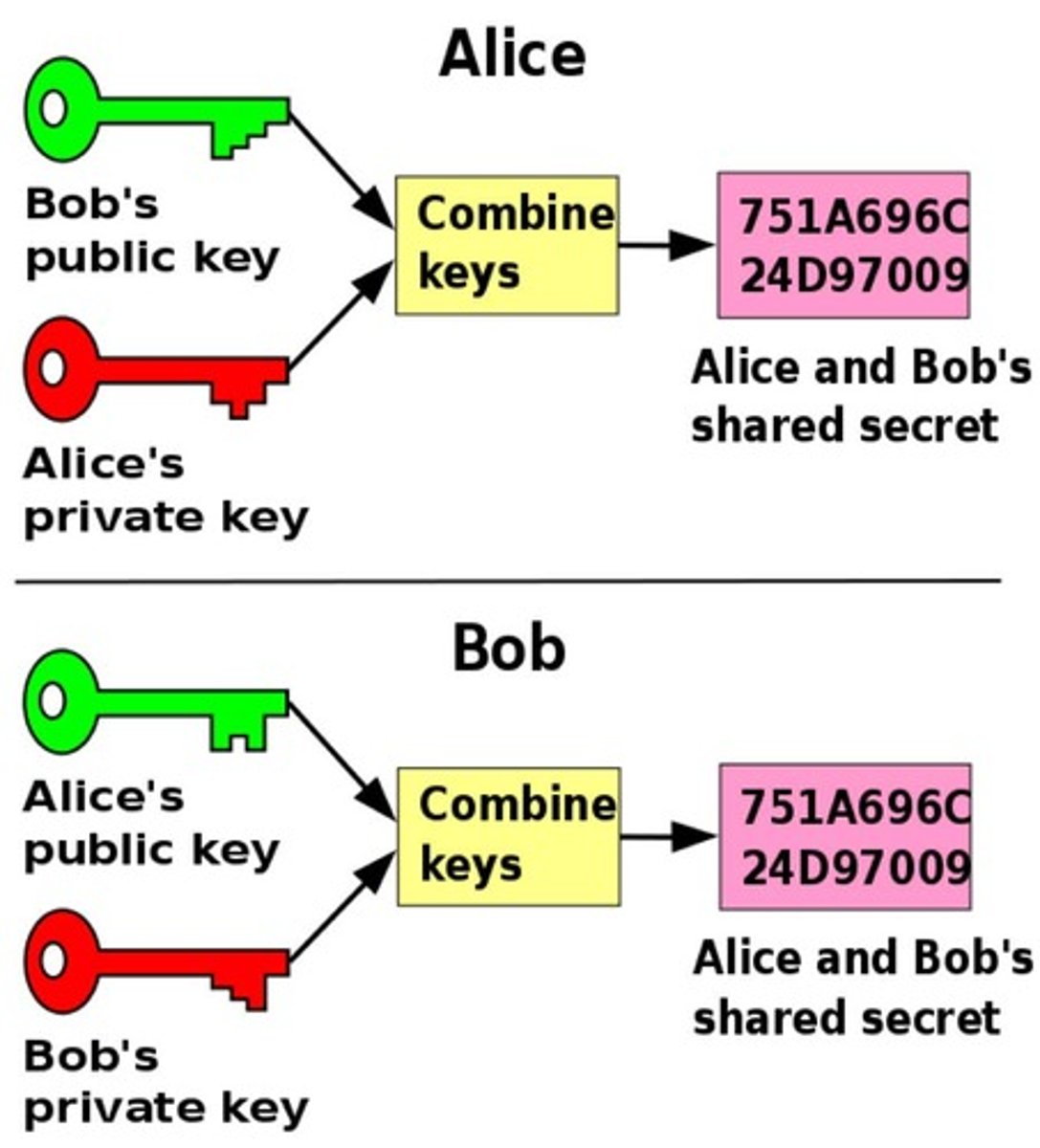 <p>Alice and Bob both calculate their shared secret key K</p><p>- Alice does K = (Yb)^(Xa) % q</p><p>- Bob does K = (Ya)^(Xb) % q</p>
