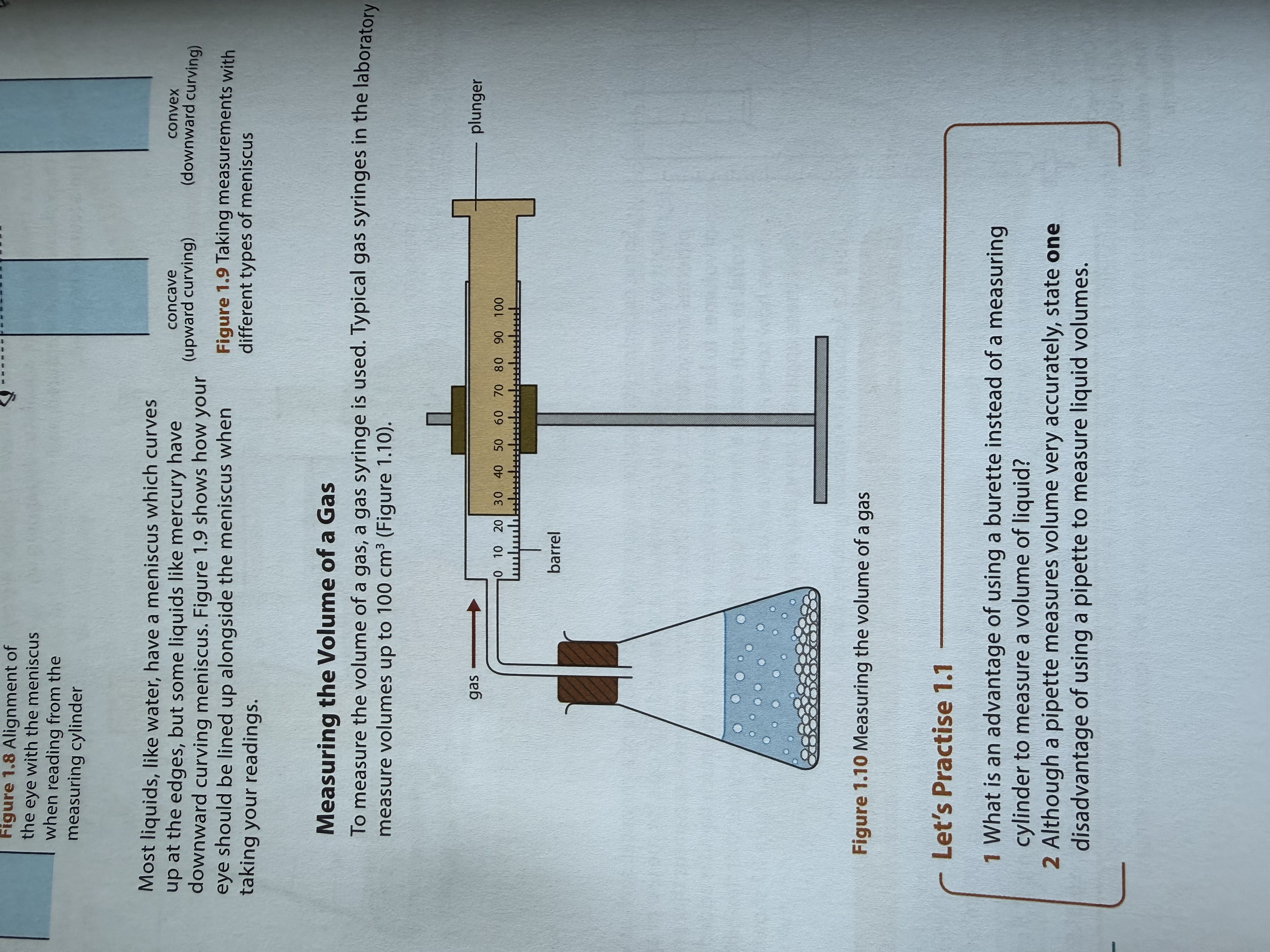 <p>Gas syringe</p><ol><li><p>Plunger moves outwards when gas is released</p></li><li><p>Measure reading on barrel</p></li><li><p>Max volume of 100cm<sup>3</sup></p></li></ol><p></p>