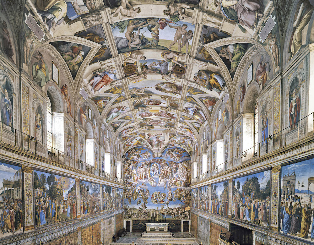 <p>Sistine Chapel ceiling and altar wall frescoes</p><ul><li><p>Vatican City, Italy.</p></li><li><p>Michelangelo.</p></li><li><p>Ceiling frescoes: c. 1508-1512 C.E.; altar frescoes: c. 1536-1541 C.E.</p></li><li><p>Fresco</p></li></ul><p>The paintings depict nine stories from the Christian Bible&apos;s Book of Genesis, including the most famous image, the Creation of Adam (right). Taken together, the paintings are considered one of the world&apos;s greatest art masterpieces. Their realistic and extremely detailed depictions of some of Judaism&apos;s and Christianity&apos;s most famous moments are a wonder to all who see them.</p>