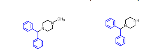 <p><strong>Cyclizine (hydrochloride, Marezine) </strong></p><ul><li><p>what is it used for </p></li><li><p>has significant _____ properties (adverse effect)</p></li><li><p>teratogenic in rodents, how about humans?</p></li><li><p>is its metabolite on the right active? how is it metabolized?</p></li></ul><p></p>
