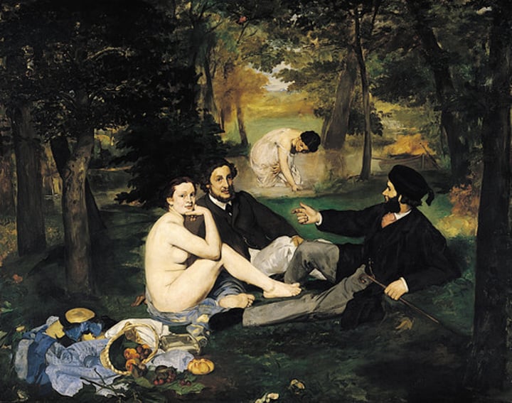 <p>Manet, 1863, Realism, France, oil on canvas. Originally titled the bath and was exhibited in the museum of rejected artworks. It took inspiration from Titan, Pastoral Concert, and Raphael, The Judgement of Paris.</p>