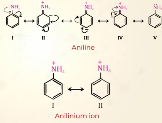 <p>In Ammonia the lone pair is easily available for donation whereas in aniline lone pair of electrons are involved in resonance therefore aryl amines are less basic than Ammonia</p><p></p><p>aniline less basic than ammonia </p><ul><li><p>aniline when acceps H<sup>+</sup> becomes annilinium ion which is less stable than aniline </p></li><li><p>becuz aniline has more resonance stabilization( has 5 reonating structures, but annillinium has got 2) therefore it would not want to become a less stable structure by gaining H+ (gaining H+ shows basic chr)</p></li><li><p>but ammonia on the other hand will gain H+ (showing basic chr)</p></li><li><p>when electron releasing grps are added to aniline - basic chr increases</p></li><li><p>when electron withdrawing grps are added - become less basic</p></li></ul><p></p>