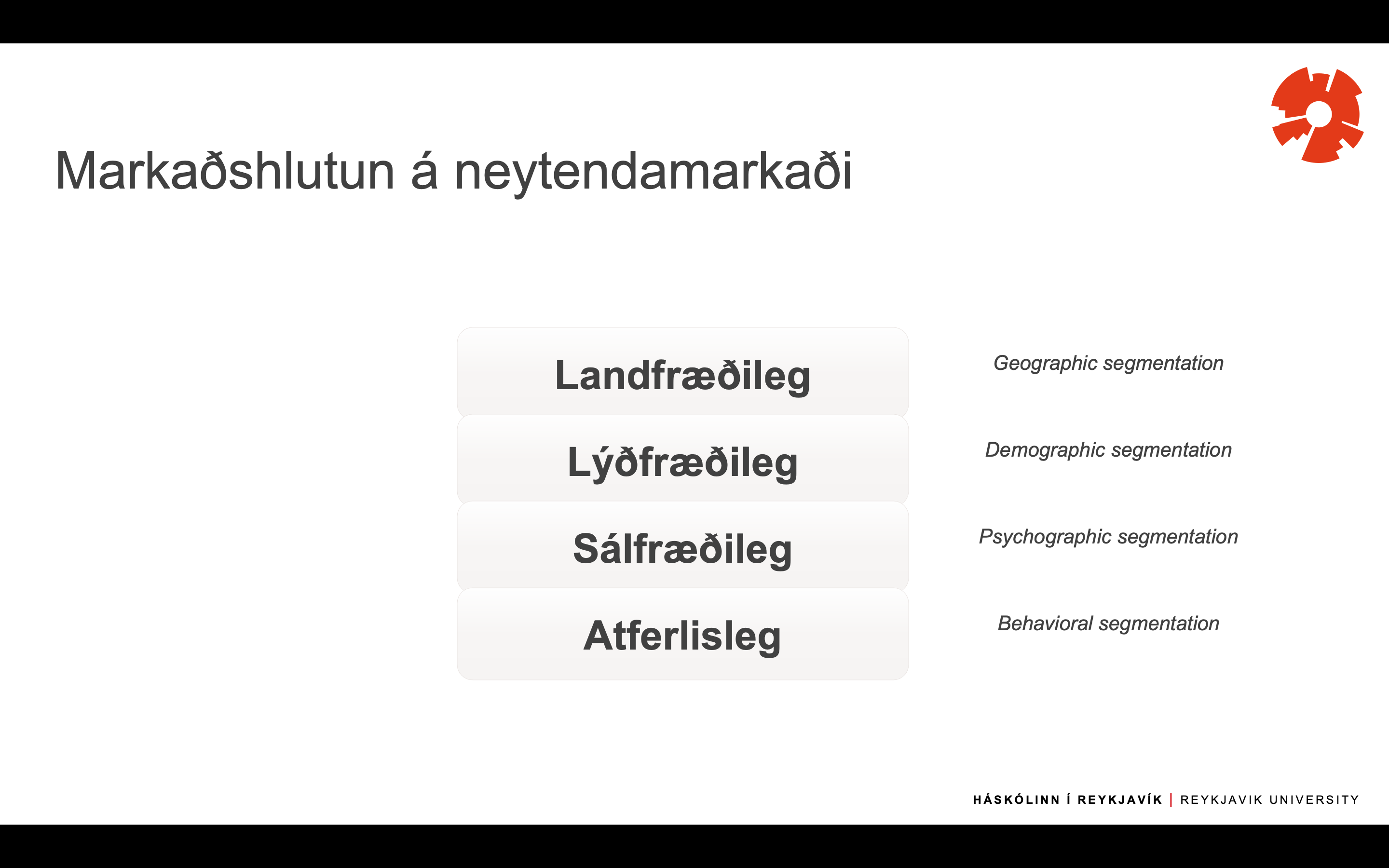 <p>Landfræðileg(Geographic segment)</p><p>Lýfræðileg (Demographic segmentation)</p><p>Sálfræðileg (Psychographic segmentation)</p><p>Atferlisleg (Behavioral segmentation)</p>