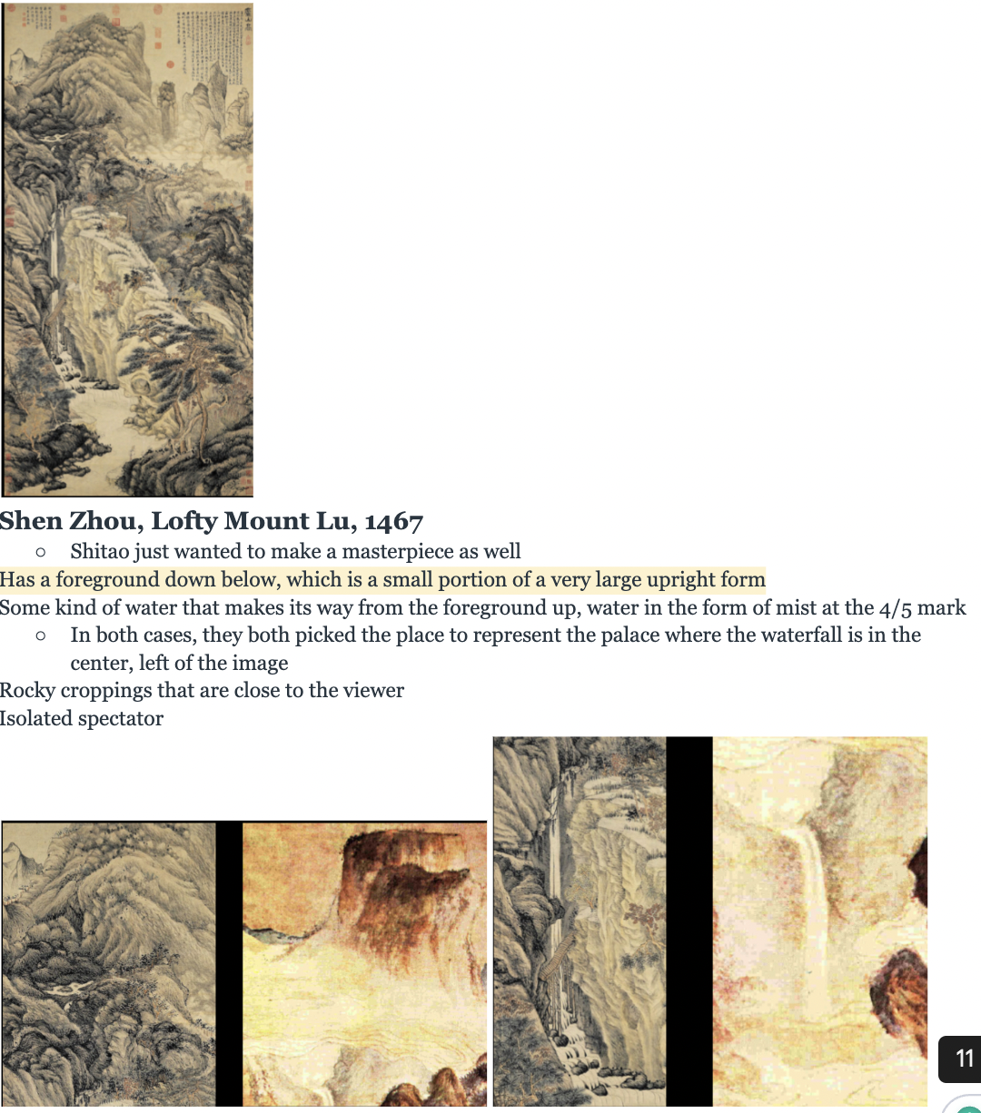 <ul><li><p><span><span>Not just copying Shen Zhou, many artists came back to make images of Mount Lu, about </span><strong><span> the persistence of tradition</span></strong></span></p></li><li><p><span><span>&nbsp;Shows us the importance of the importance between the tiny figures and the immensity of the scenes they contemplate</span></span></p><ul><li><p><span><span>All of these artists - centuries apart - are helping us understand that the relationship between the individual and landscape is an issue of understanding where and how we belong in the world, which transcends time</span></span></p><ul><li><p><span><span>Forces us to question who we are in the immensity of nature. How does one express their relationship to the forces of nature?</span></span></p><ul><li><p><span><span>How can we accept that we are small when it is just an important human thing to confront this question and represent it over and over again?x</span></span></p></li></ul></li></ul></li><li><p><span><span>This is a question we have to keep coming back to, but we can never answer it the same way</span></span></p></li><li><p><span><strong><span>Tillman goes back to this question to try to answer who we are in the immensity of nature</span></strong></span></p></li><li><p></p></li></ul></li></ul><p></p>