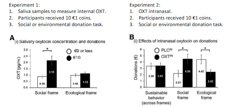<ul><li><p>positive correlation between OXT levels and social donation</p></li><li><p>no effect in the ecological frame</p></li><li><p>OXT increased donations in the social frame but decreased those in the ecological frame</p></li></ul>