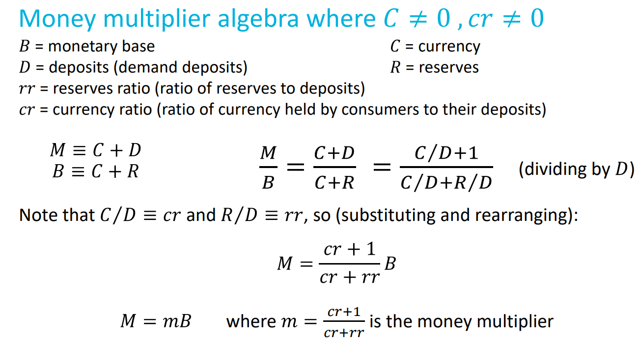 <ul><li><p>rr = R/D is not exogenous as the model assumes, Central Banks provide R on demand from commercial banks and don’t restrict quantity but instead set the interest rate on it </p></li><li><p>R responds to D, not the other way around</p></li><li><p>The problem is that deposits are a <em>source </em>of funds for commercial banks but aren’t the only way they can source money to lend; lending isn’t based on deposits (they can actively attract deposits from other banks, lend in interbank markets etc)</p></li></ul><p></p>