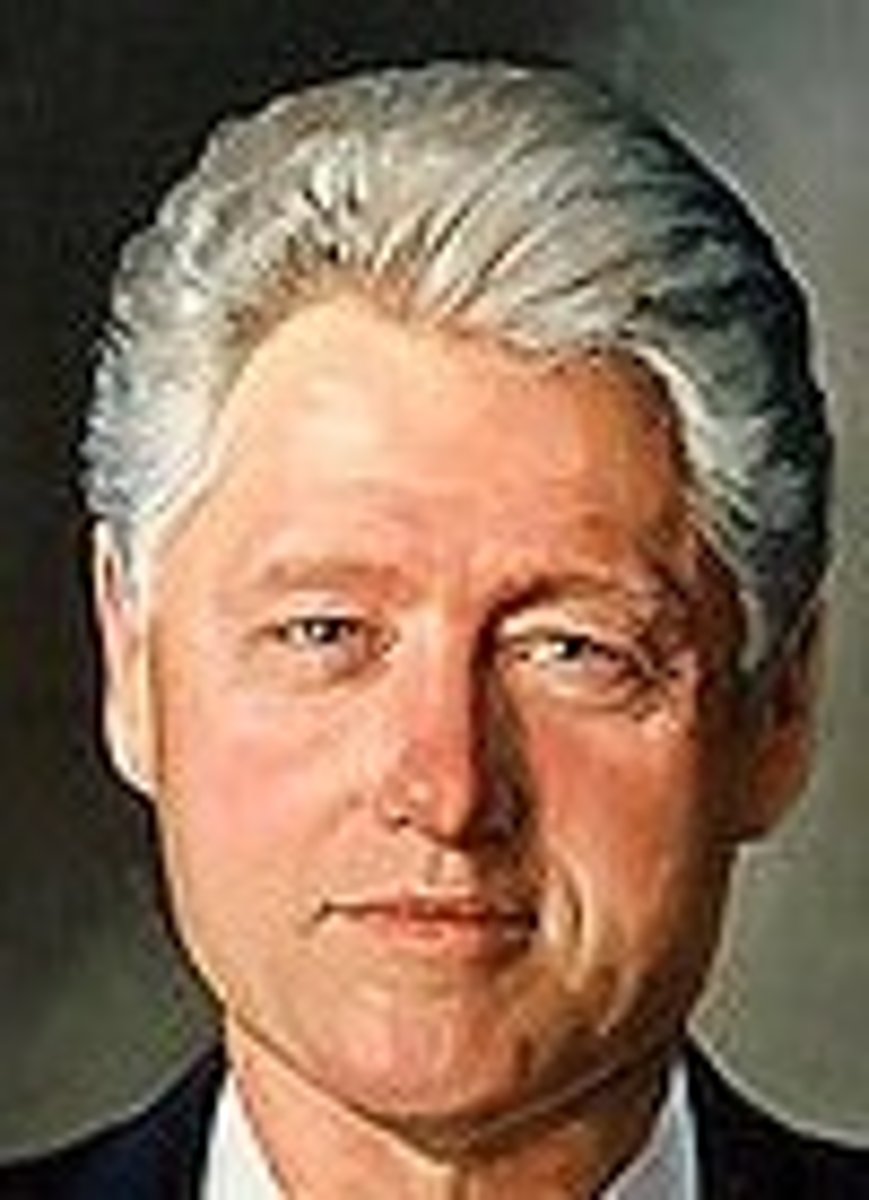 <p>Democratic, passed</p><p>NAFTA (no tariffs between US, Canada, &amp; Mexico), tried to cut the budget deficit, marred by scandals, but survived impeachment.</p>