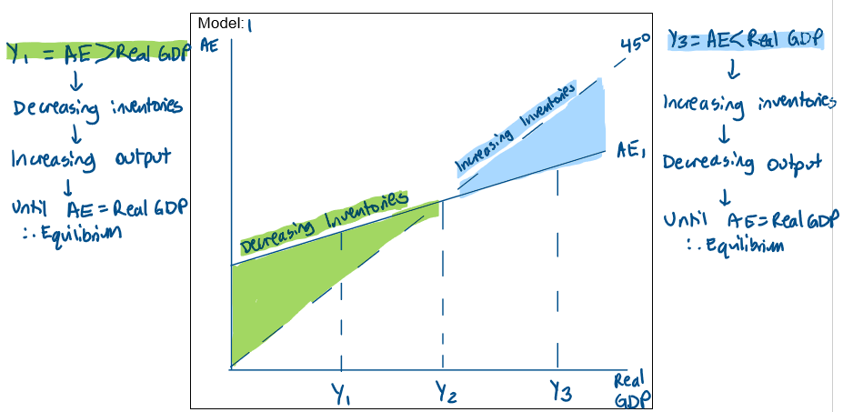 <p><span style="font-family: Calibri, sans-serif; line-height: 115%;"><span>At Y</span><sub><span>1</span></sub><span>, AE is greater than real GDP, leading to a decrease in inventories as firms sell more than they produce.</span></span><br><span style="font-family: Calibri, sans-serif; line-height: 115%;"><span>The reduction in inventory levels signals firms to increase their production to meet the higher demand.</span></span><br><span style="font-family: Calibri, sans-serif; line-height: 115%;"><span>To boost production, firms will hire more labour thereby increasing employment.</span></span><br><span style="font-family: Calibri, sans-serif; line-height: 115%;"><span>This increase in production &amp; employment leads to a rise in real GDP.</span></span><br><span style="font-family: Calibri, sans-serif; line-height: 115%;"><span>However, as real GDP rises the increase in AE slows due to the slope of the AE curve which reflects the MPC.</span></span><br><span style="font-family: Calibri, sans-serif; line-height: 115%;"><span>The economy continues to adjust until it reaches a new macroeconomic equilibrium at Y</span><sub><span>2 </span></sub><span>where AE equals real GDP &amp; income levels are stable.</span></span><br><span style="font-family: Calibri, sans-serif; line-height: 115%;"><span>At Y</span><sub><span>3</span></sub><span> real GDP exceeds AE resulting in increasing inventories as firms produce more than what is being consumed.</span></span><br><span style="font-family: Calibri, sans-serif; line-height: 115%;"><span>The accumulation of inventories signals firms to decrease their production to prevent excess unsold goods.</span></span><br><span style="font-family: Calibri, sans-serif; line-height: 115%;"><span>As firms reduce production, they demand less labour leading to a decrease in employment.</span></span><br><span style="font-family: Calibri, sans-serif; line-height: 115%;"><span>This reduction in production &amp; employment causes a decline in real GDP.</span></span><br><span style="font-family: Calibri, sans-serif; line-height: 115%;"><span>As real GDP falls the decrease in AE occurs at a reduced pace due to the slope of the AE curve which moderates decline &amp; reflects the MPC.</span></span><br><span style="font-family: Calibri, sans-serif; line-height: 115%;"><span>The economy adjusts until it reaches a new macroeconomic equilibrium at Y</span><sub><span>2</span></sub><span> where AE equals real GDP &amp; income levels are stable.</span></span></p>